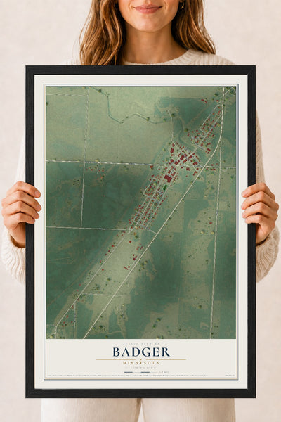 Map of Badger, Minnesota, 18 x 24 inch print in a black wood frame