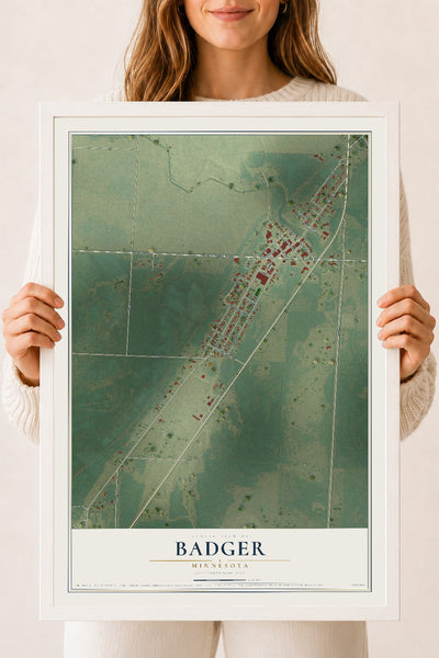Map of Badger, Minnesota, 18 x 24 inch print in a white wood frame
