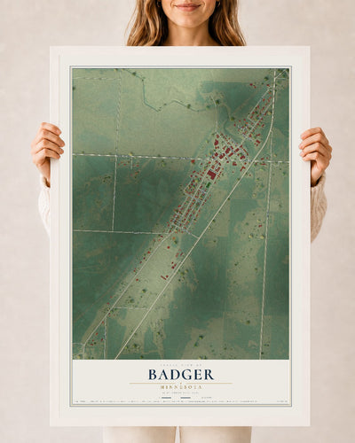 Map of Badger, Minnesota, 24 x 36 inch print in a white wood frame