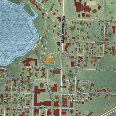 Close-up of the map of Bagley, Minnesota print showing street and building detail