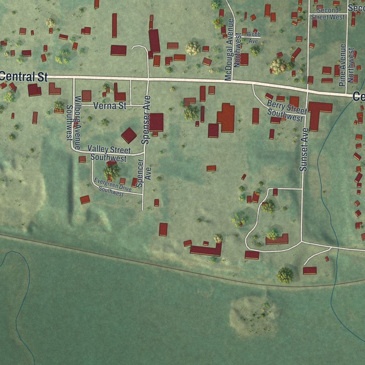 Second close-up of the map of Bagley, Minnesota print showing more streets and buildings