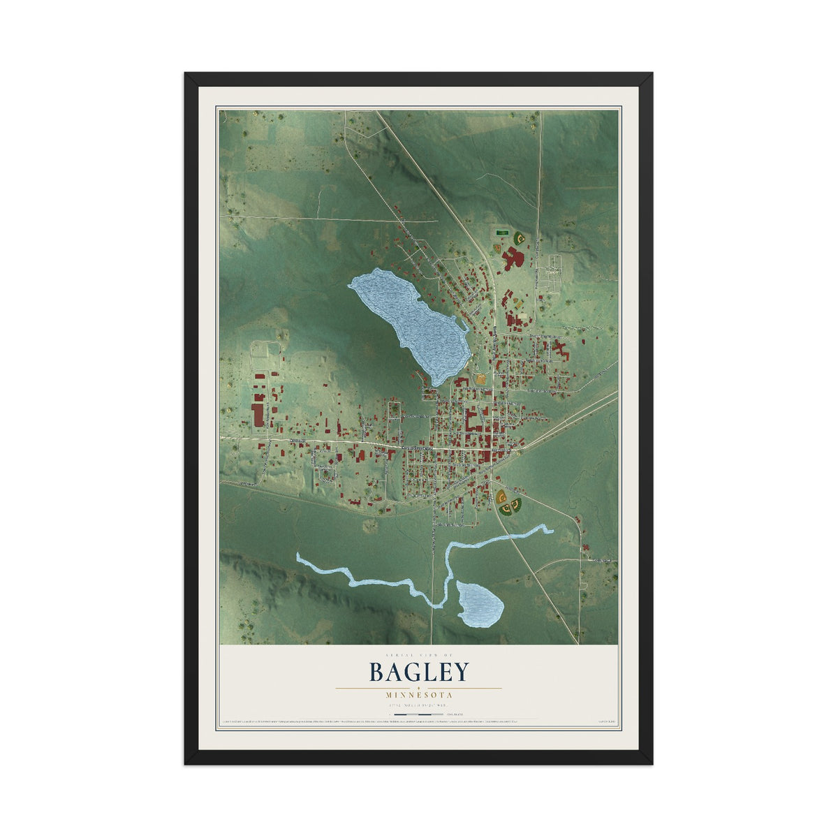 Map of Bagley, Minnesota, 12 x 18 inch print in a black wood frame