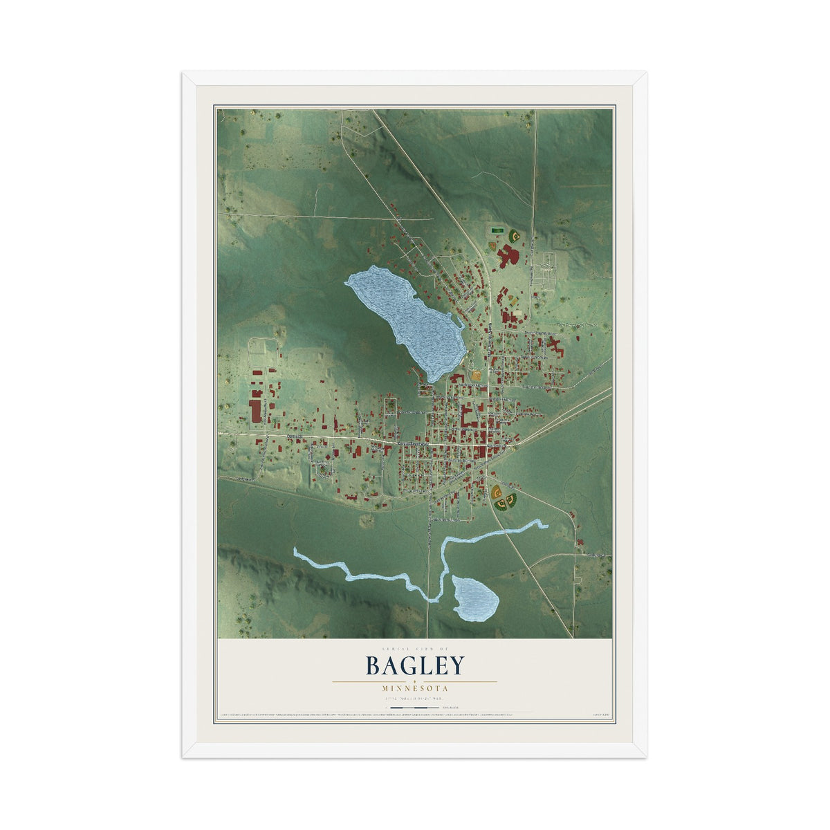 Map of Bagley, Minnesota, 12 x 18 inch print in a white wood frame