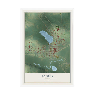 Map of Bagley, Minnesota, 12 x 18 inch print in a white wood frame