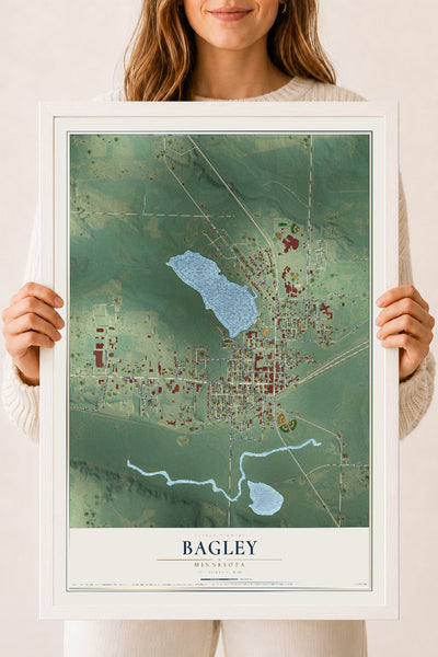 Map of Bagley, Minnesota, 18 x 24 inch print in a white wood frame
