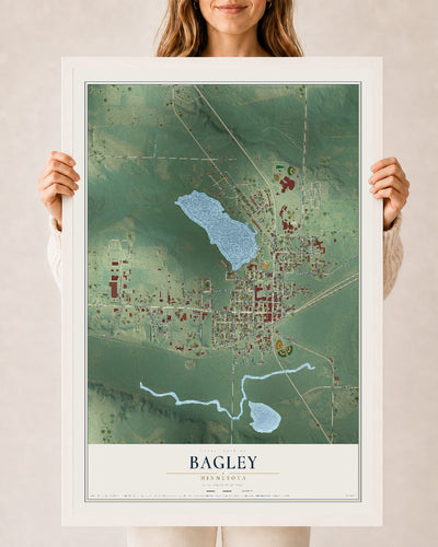 Map of Bagley, Minnesota, 24 x 36 inch print in a white wood frame
