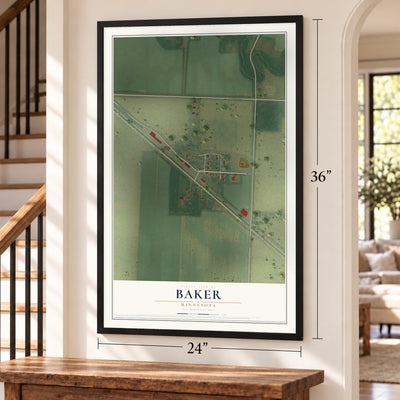 Baker, Minnesota map, 24 x 36 inch print in a black frame by a staircase