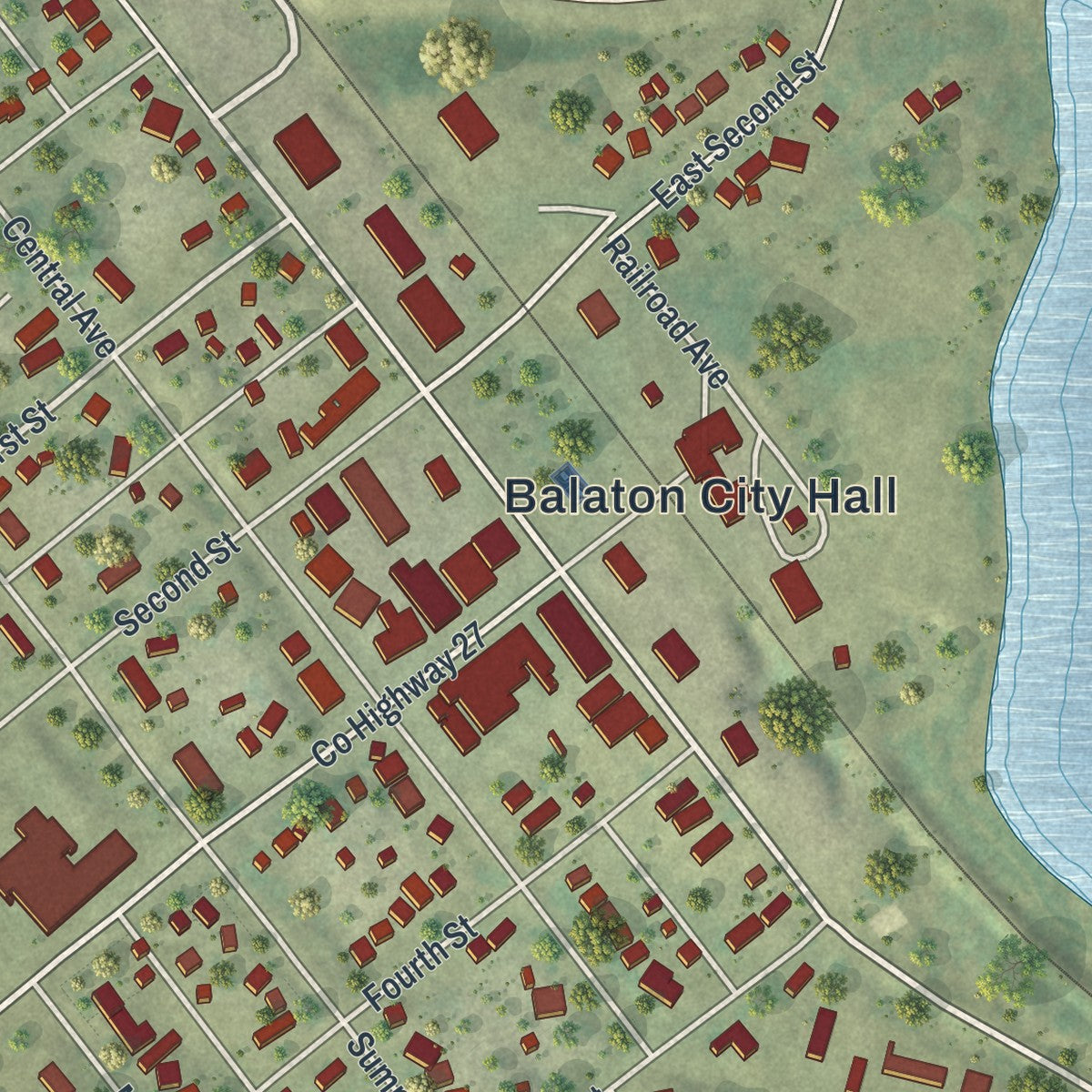 Close-up of the map of Balaton, Minnesota print showing street and building detail
