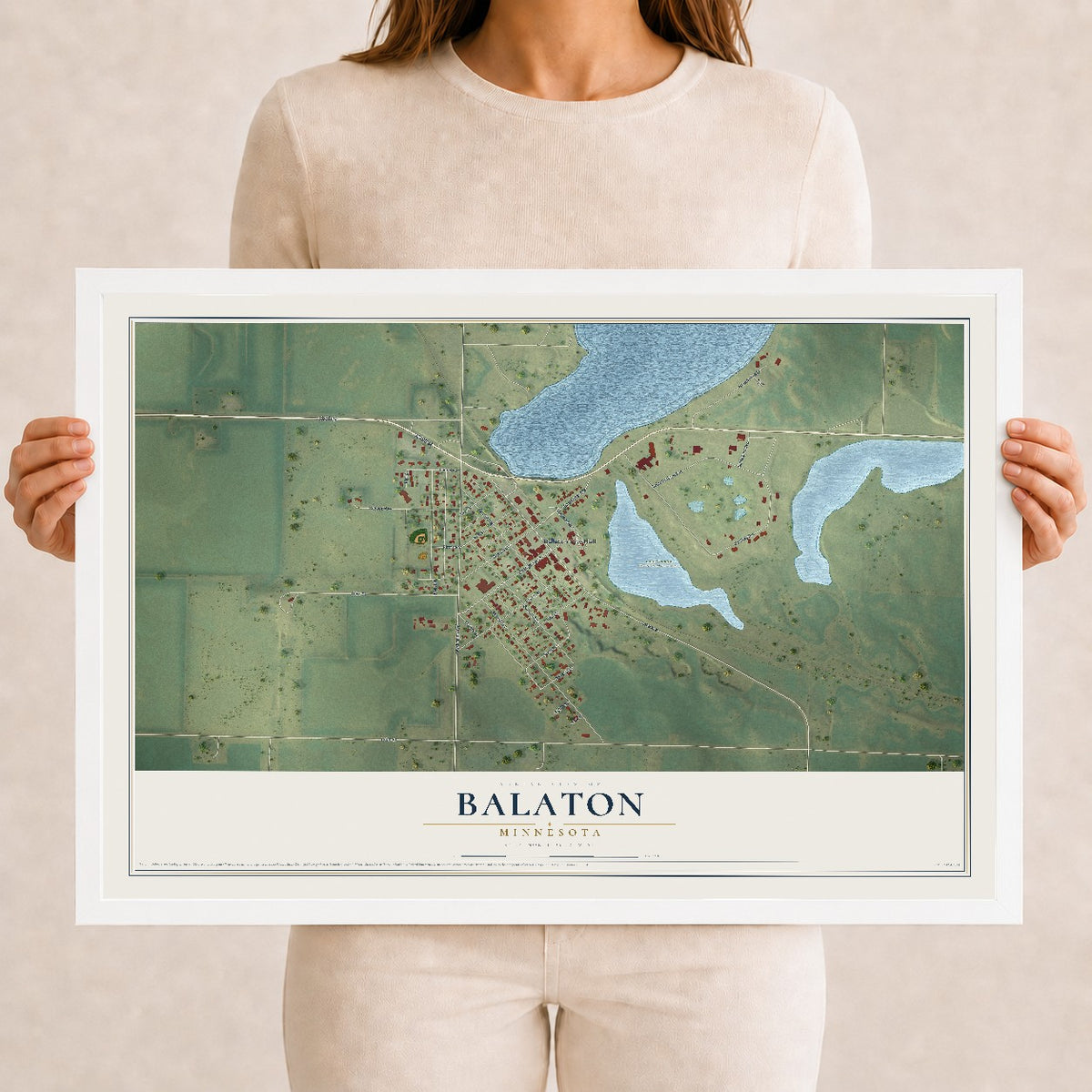 Map of Balaton, Minnesota, 12 x 18 inch print in a white wood frame