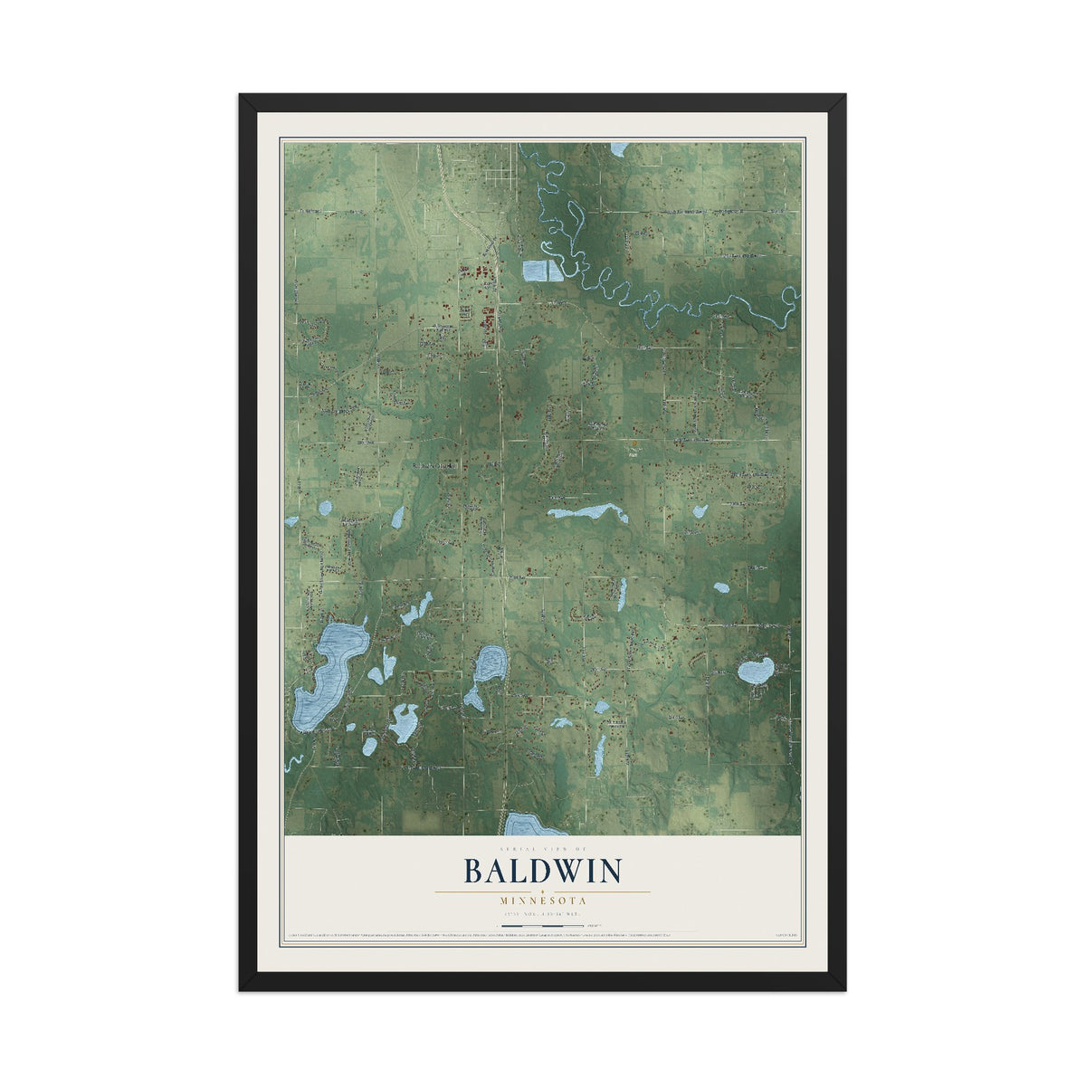 Map of Baldwin, Minnesota, 12 x 18 inch print in a black wood frame