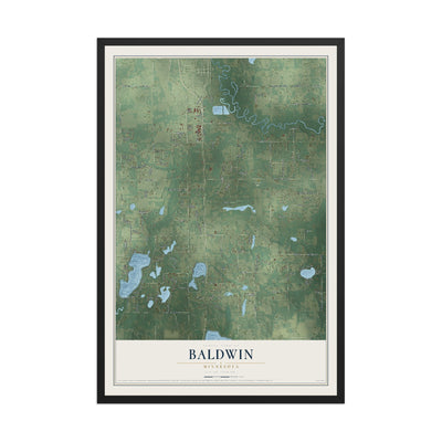 Map of Baldwin, Minnesota, 12 x 18 inch print in a black wood frame