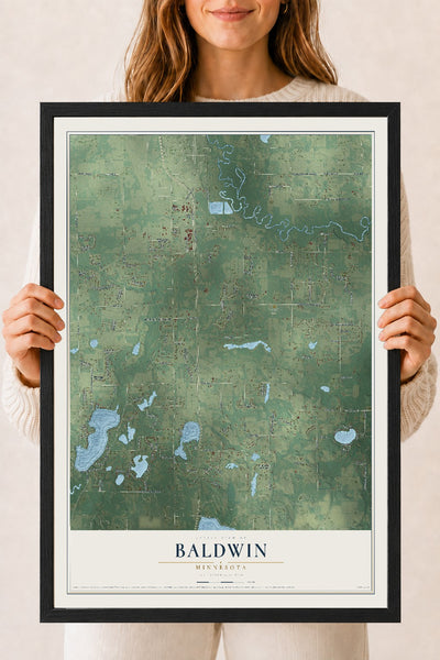 Map of Baldwin, Minnesota, 18 x 24 inch print in a black wood frame