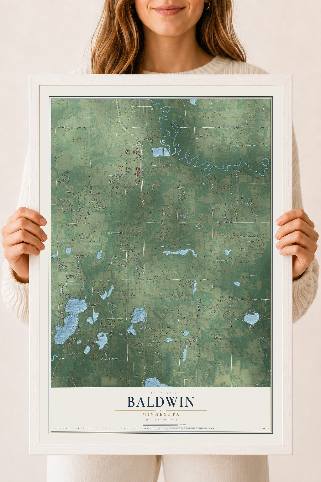 Map of Baldwin, Minnesota, 18 x 24 inch print in a white wood frame