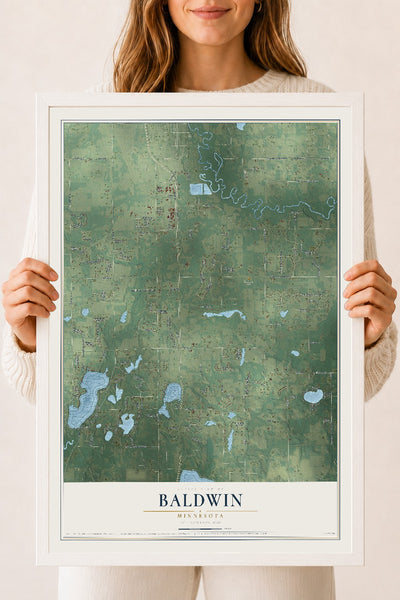 Map of Baldwin, Minnesota, 18 x 24 inch print in a white wood frame