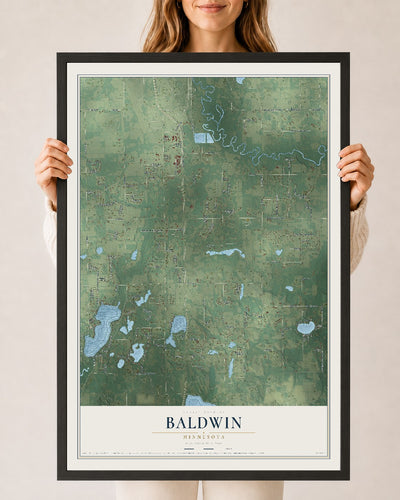 Map of Baldwin, Minnesota, 24 x 36 inch print in a black wood frame
