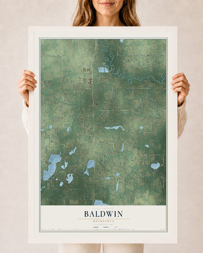 Map of Baldwin, Minnesota, 24 x 36 inch print in a white wood frame