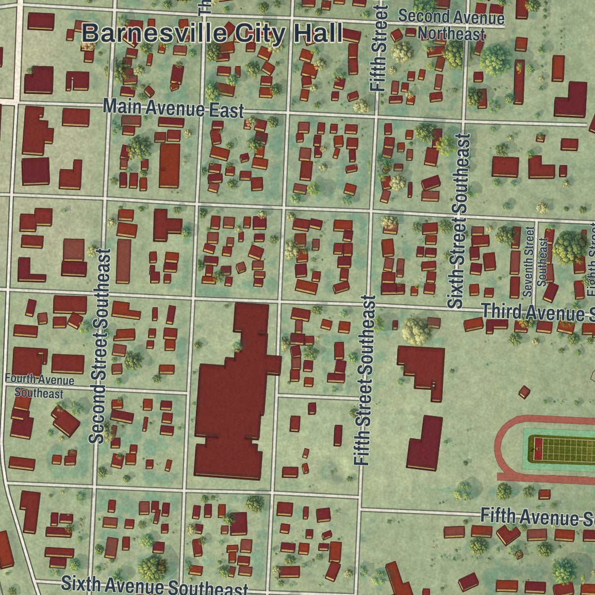 Close-up of the map of Barnesville, Minnesota print showing street and building detail