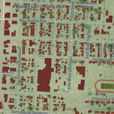 Close-up of the map of Barnesville, Minnesota print showing street and building detail