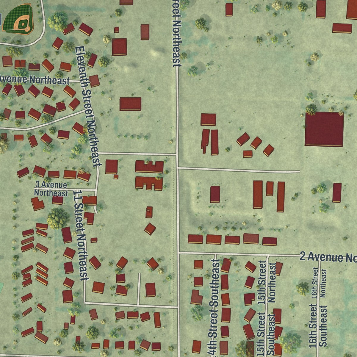 Second close-up of the map of Barnesville, Minnesota print showing more streets and buildings