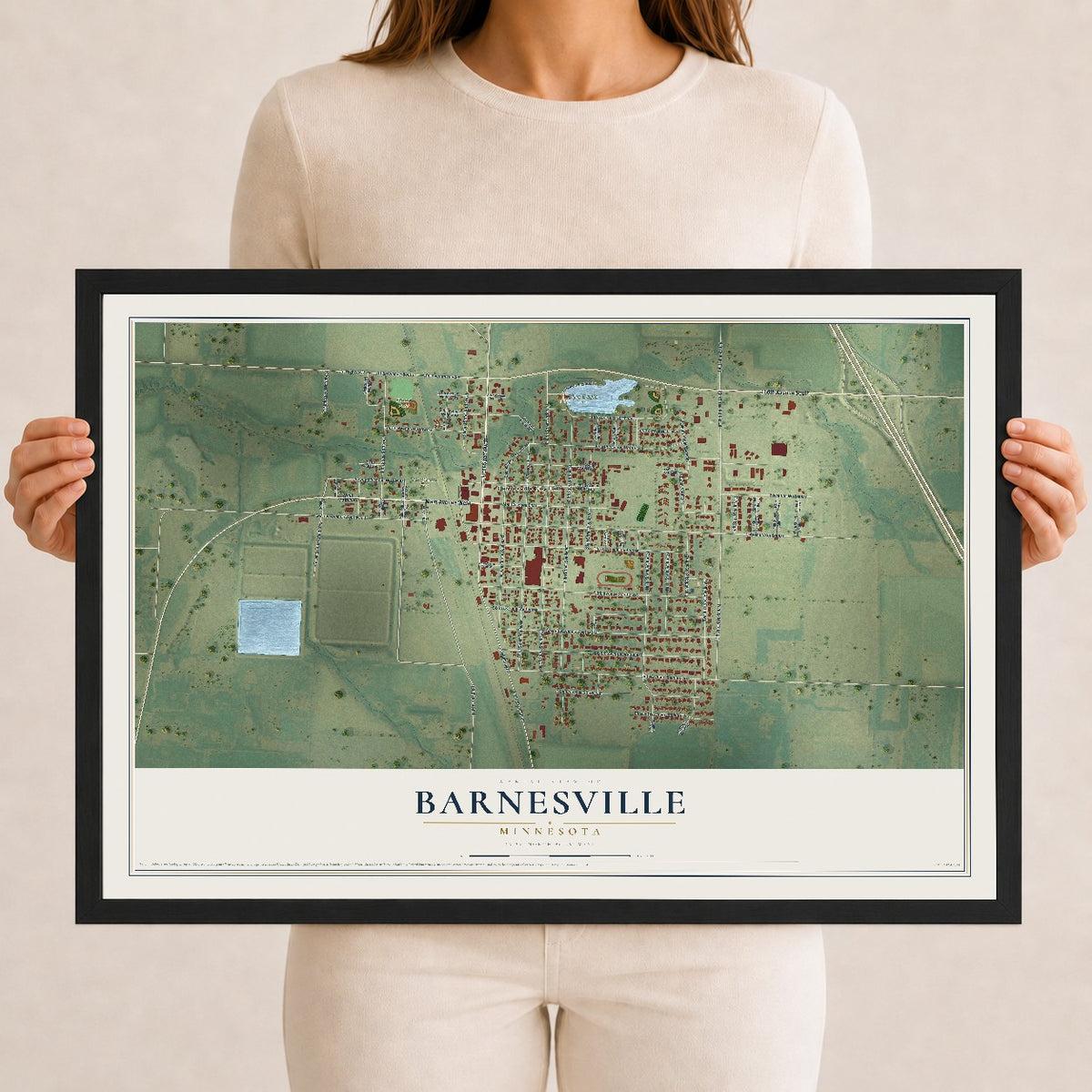 Map of Barnesville, Minnesota, 12 x 18 inch print in a black wood frame