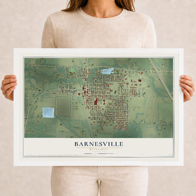 Map of Barnesville, Minnesota, 12 x 18 inch print in a white wood frame