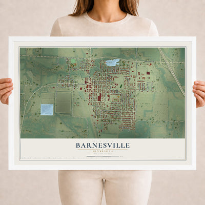 Map of Barnesville, Minnesota, 18 x 24 inch print in a white wood frame
