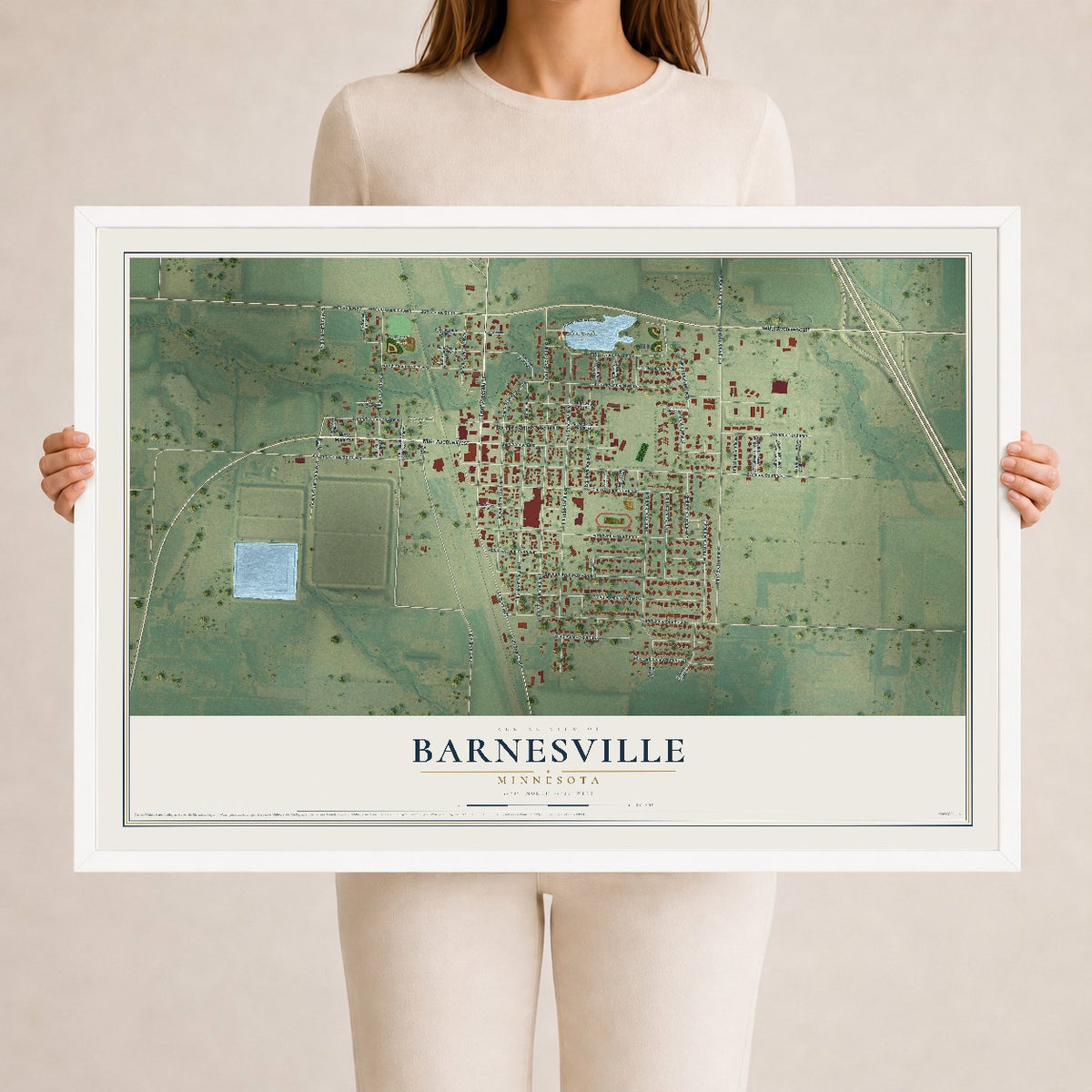 Map of Barnesville, Minnesota, 24 x 36 inch print in a white wood frame