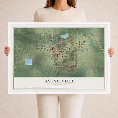 Map of Barnesville, Minnesota, 24 x 36 inch print in a white wood frame