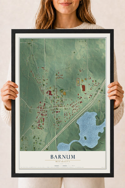 Map of Barnum, Minnesota, 18 x 24 inch print in a black wood frame