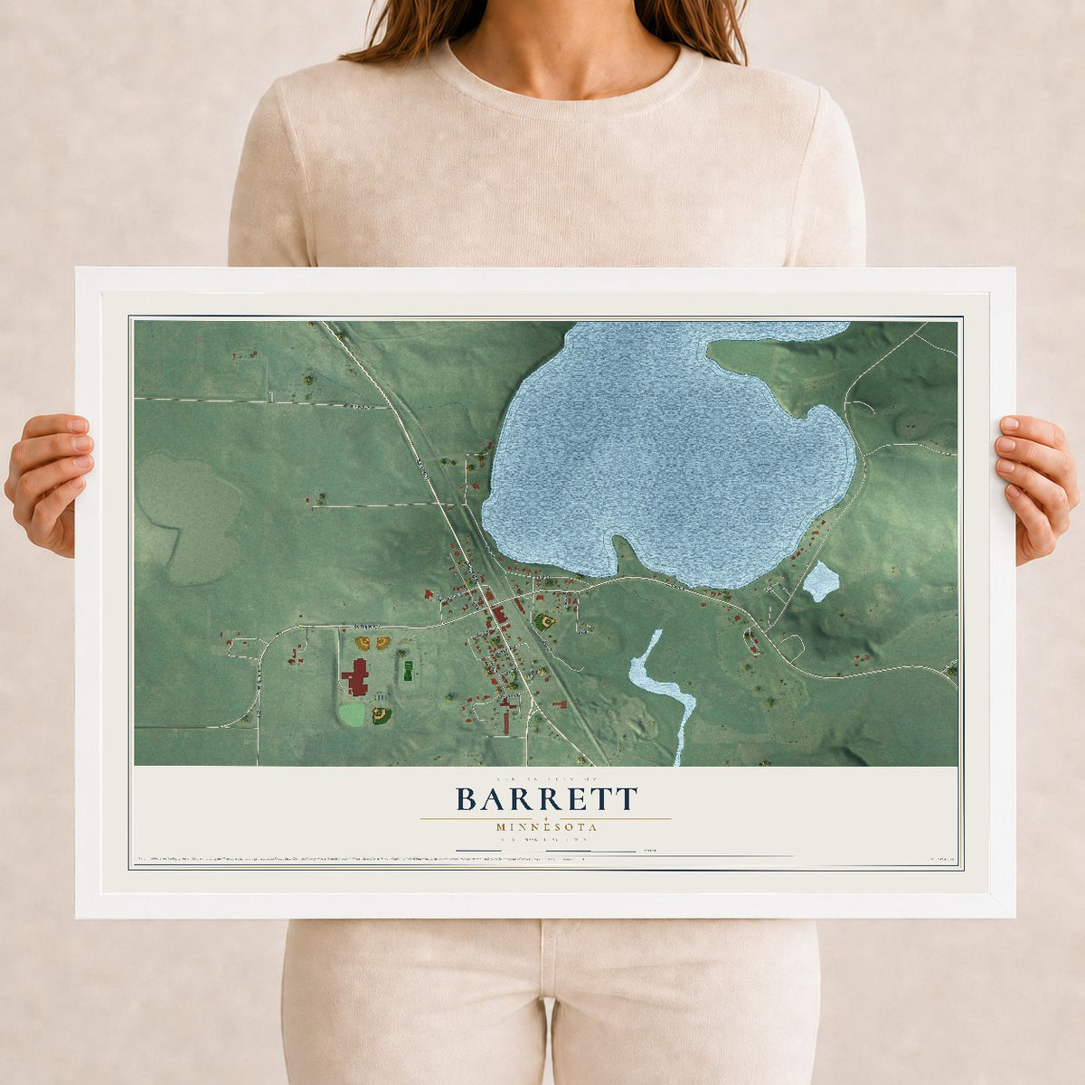 Map of Barrett, Minnesota, 12 x 18 inch print in a white wood frame