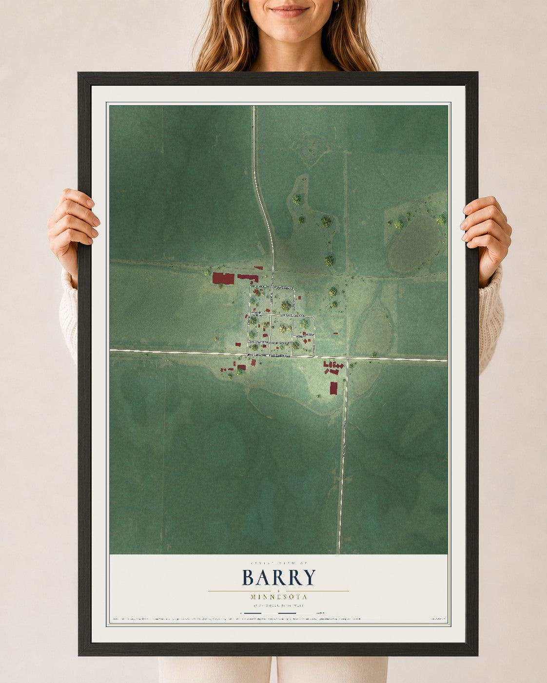 Map of Barry, Minnesota, 24 x 36 inch print in a black wood frame