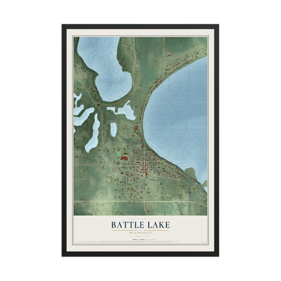 Map of Battle Lake, Minnesota, 12 x 18 inch print in a black wood frame