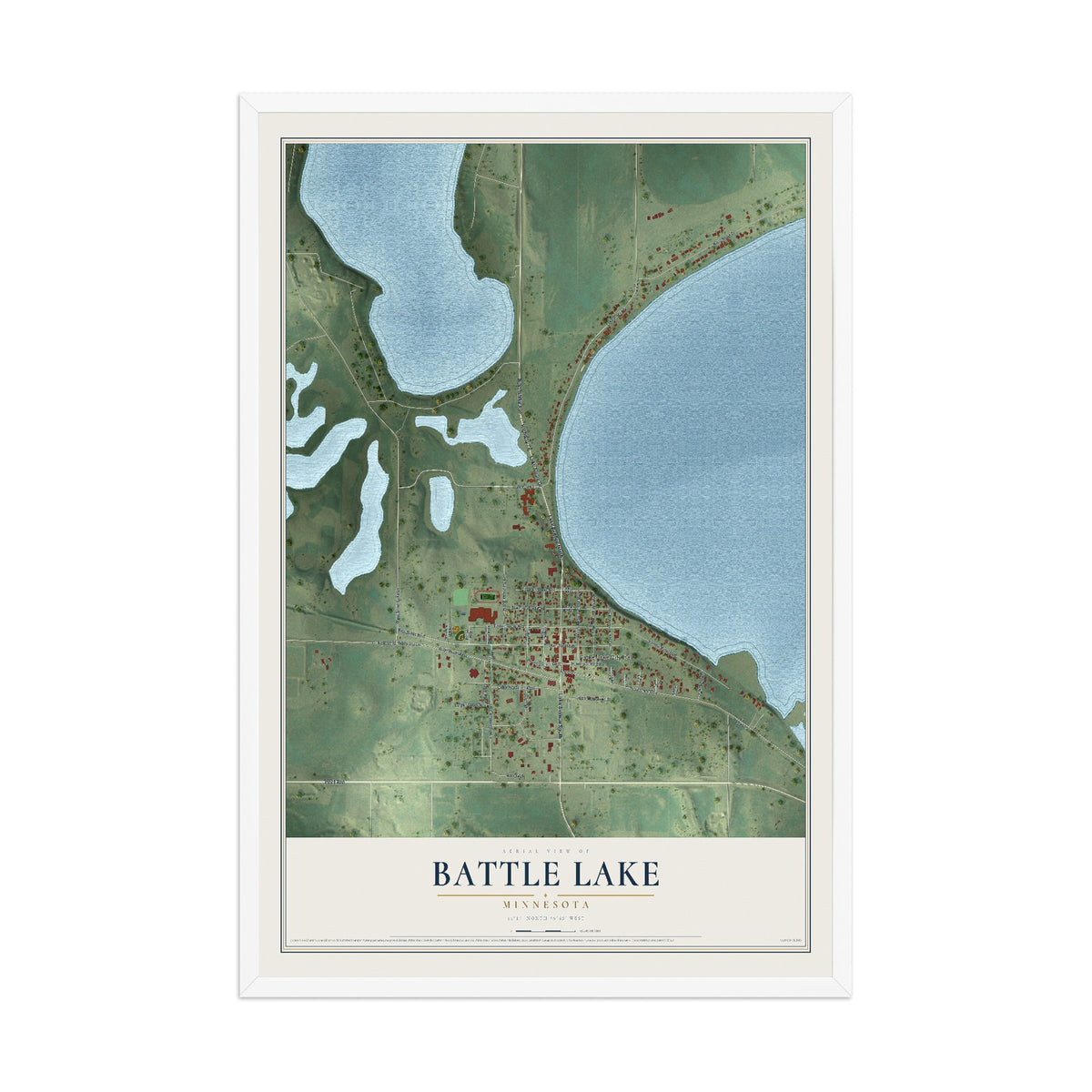 Map of Battle Lake, Minnesota, 12 x 18 inch print in a white wood frame