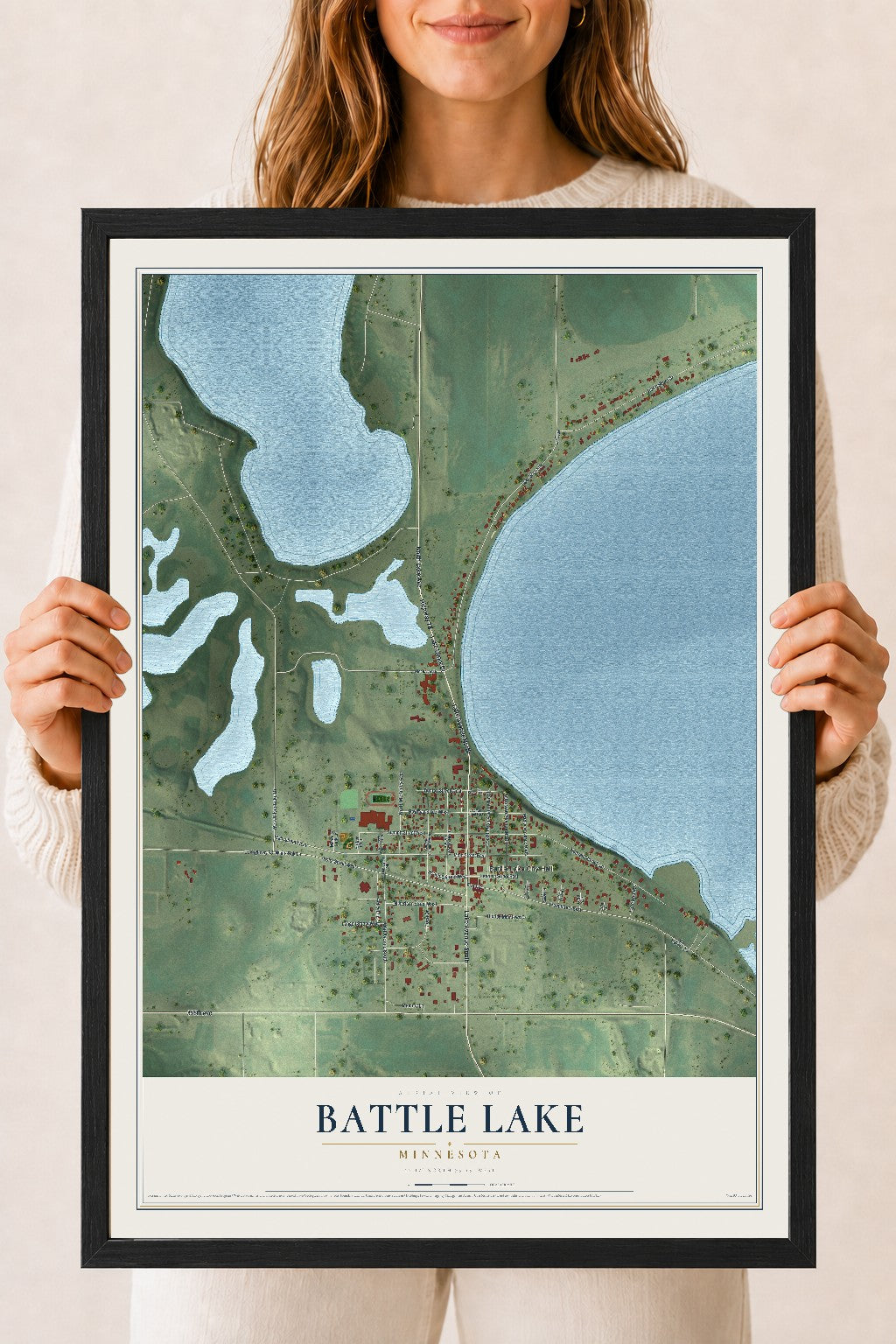 Map of Battle Lake, Minnesota, 18 x 24 inch print in a black wood frame