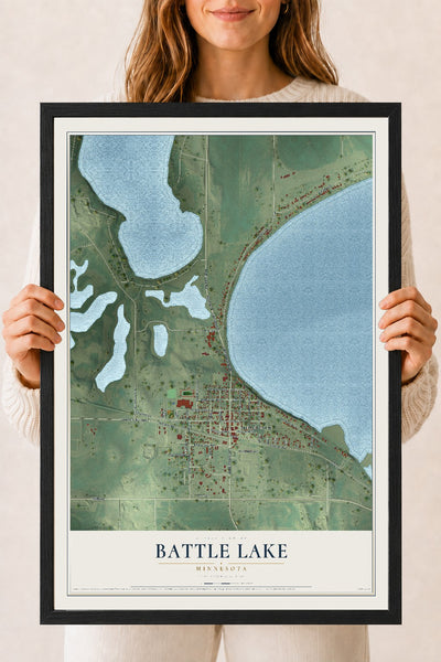 Map of Battle Lake, Minnesota, 18 x 24 inch print in a black wood frame
