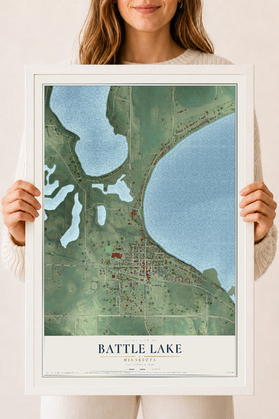 Map of Battle Lake, Minnesota, 18 x 24 inch print in a white wood frame