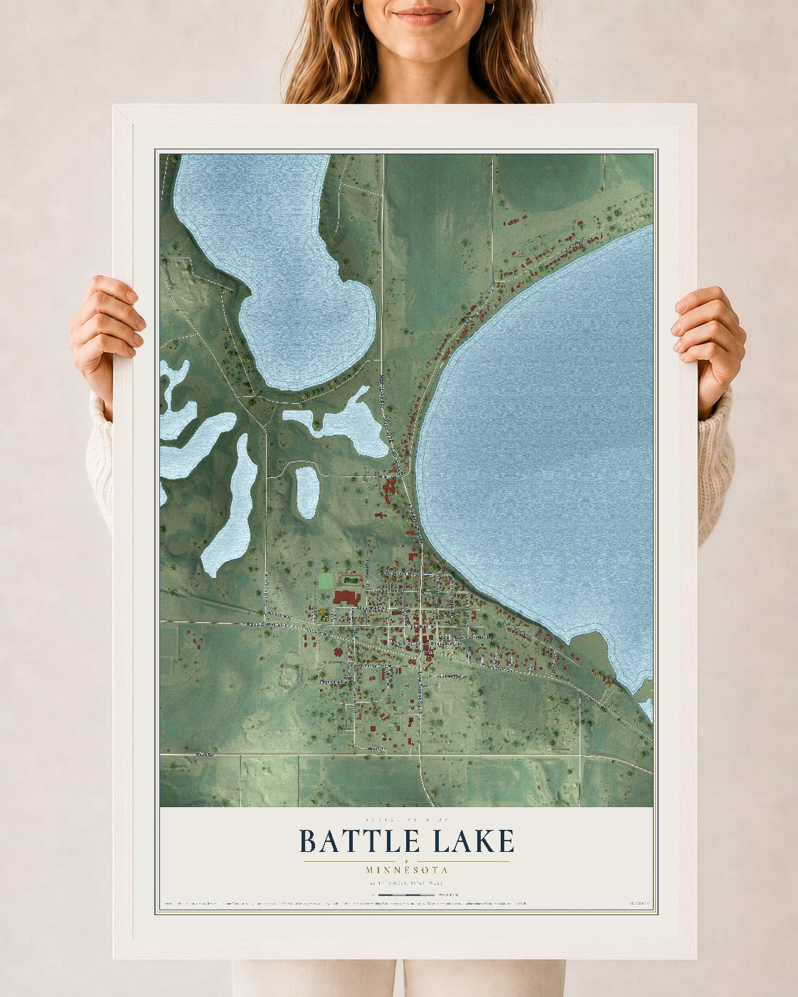 Map of Battle Lake, Minnesota, 24 x 36 inch print in a white wood frame