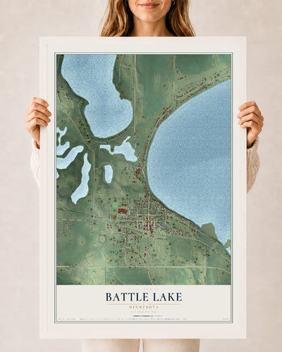Map of Battle Lake, Minnesota, 24 x 36 inch print in a white wood frame