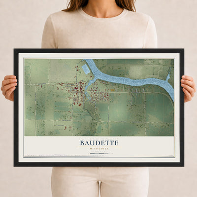 Map of Baudette, Minnesota, 12 x 18 inch print in a black wood frame