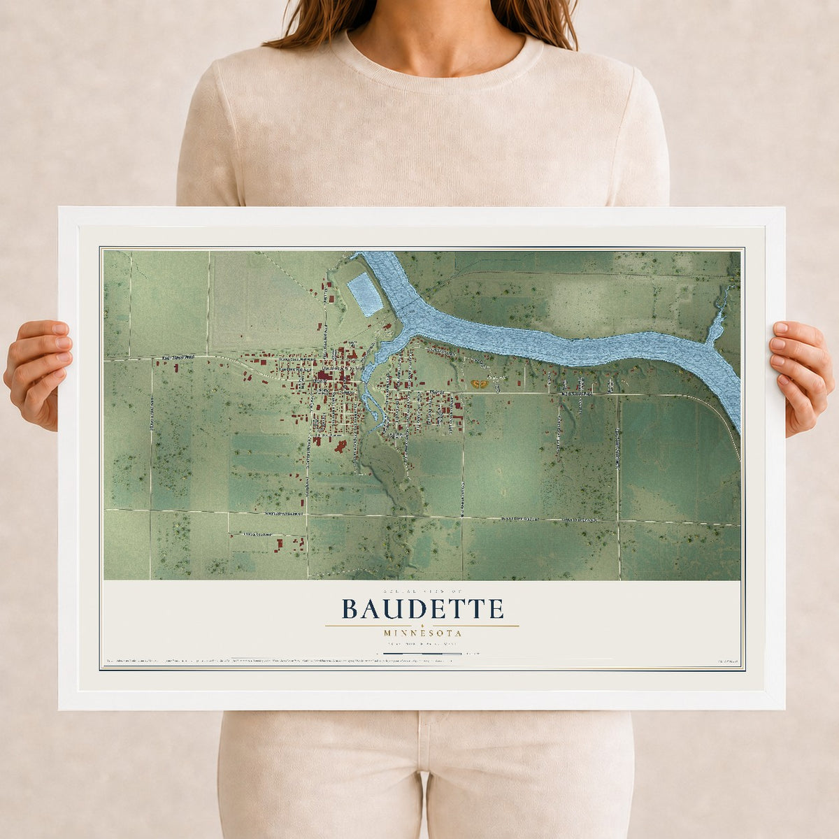 Map of Baudette, Minnesota, 12 x 18 inch print in a white wood frame