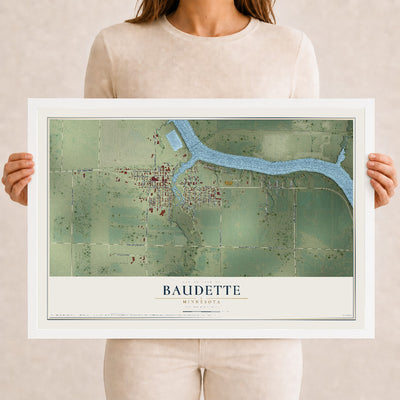 Map of Baudette, Minnesota, 12 x 18 inch print in a white wood frame