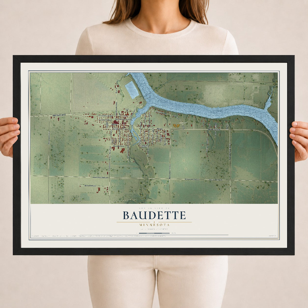 Map of Baudette, Minnesota, 18 x 24 inch print in a black wood frame