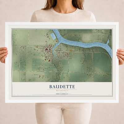Map of Baudette, Minnesota, 18 x 24 inch print in a white wood frame
