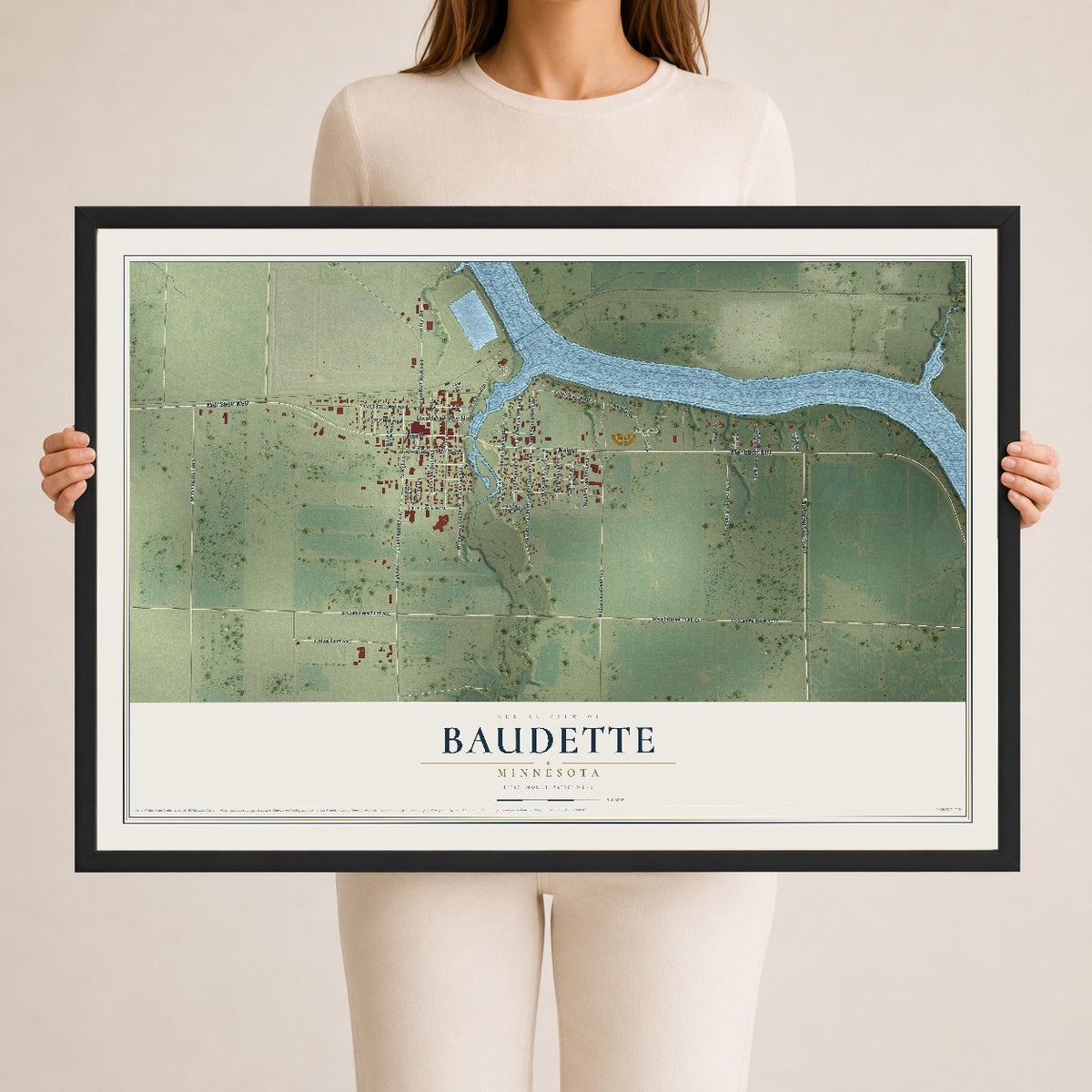 Map of Baudette, Minnesota, 24 x 36 inch print in a black wood frame