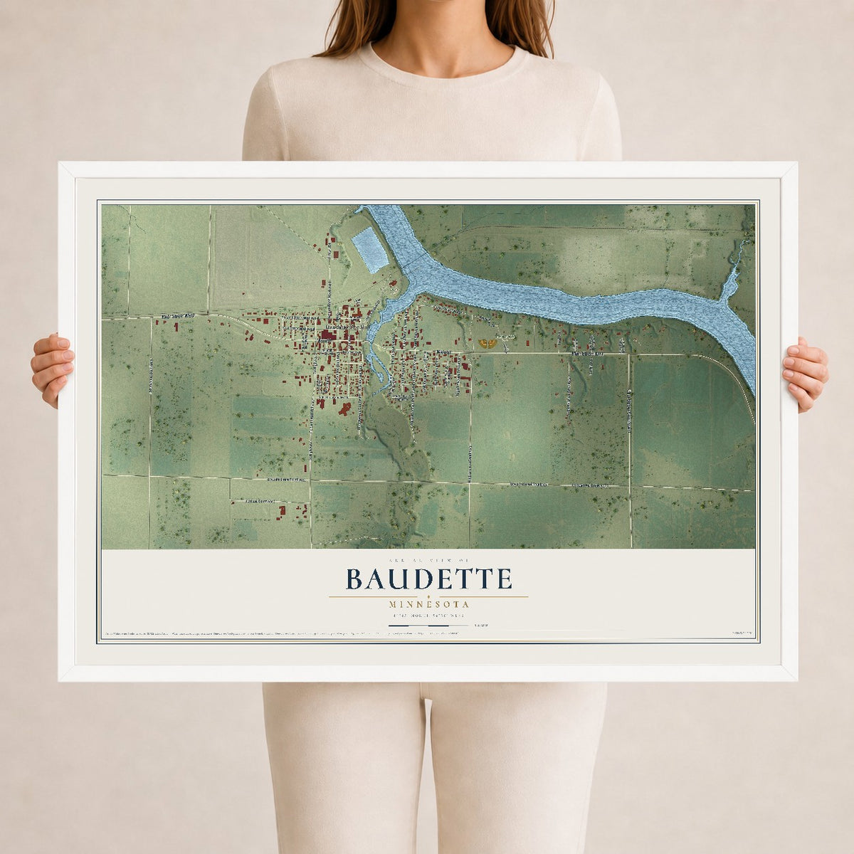 Map of Baudette, Minnesota, 24 x 36 inch print in a white wood frame