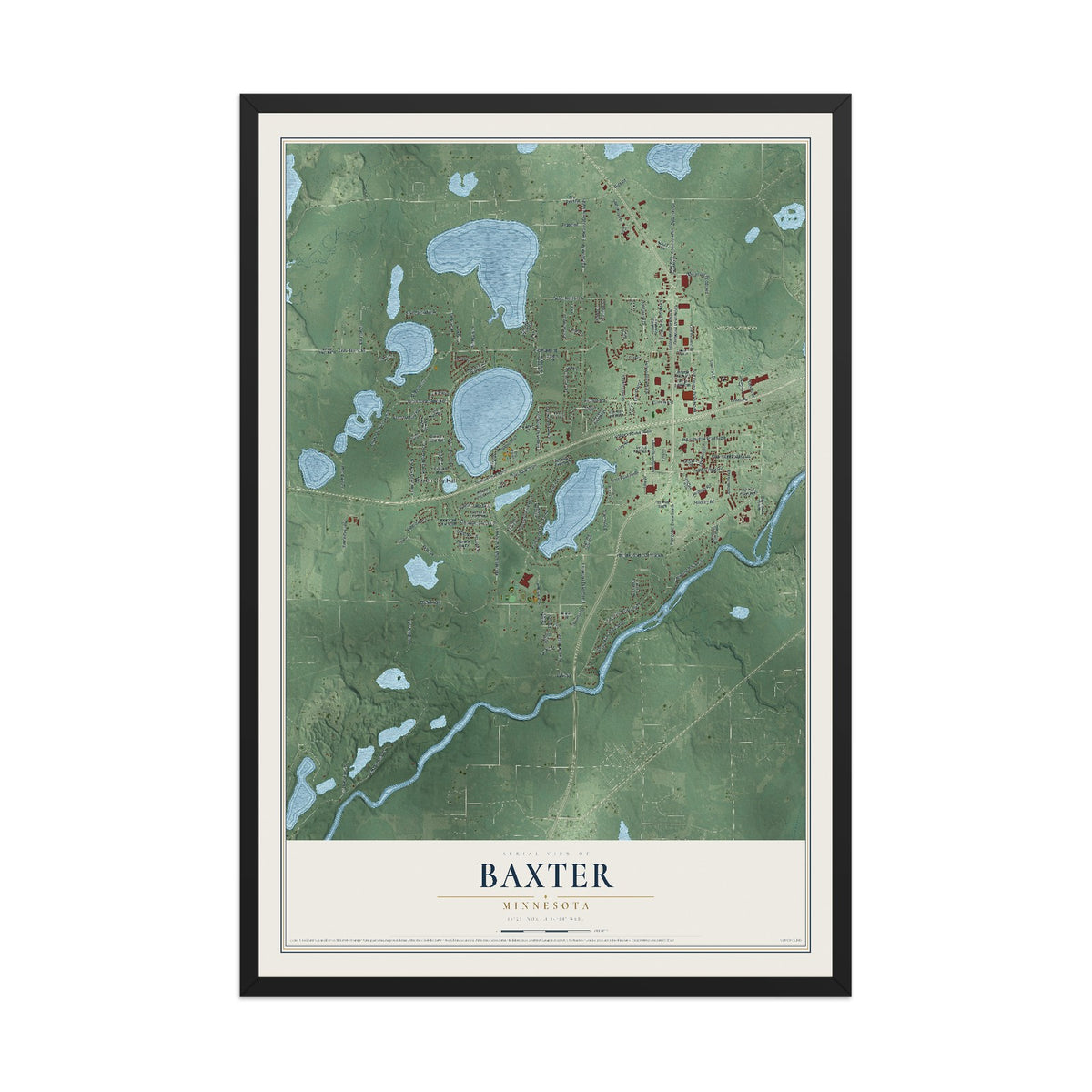Map of Baxter, Minnesota, 12 x 18 inch print in a black wood frame