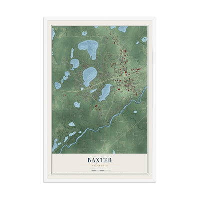 Map of Baxter, Minnesota, 12 x 18 inch print in a white wood frame