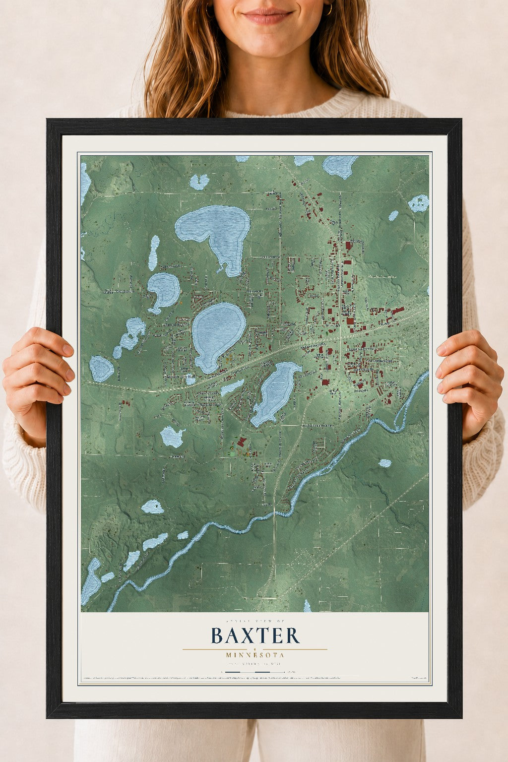 Map of Baxter, Minnesota, 18 x 24 inch print in a black wood frame