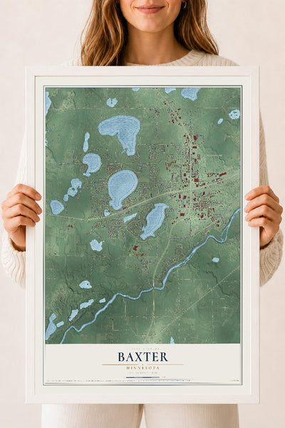 Map of Baxter, Minnesota, 18 x 24 inch print in a white wood frame