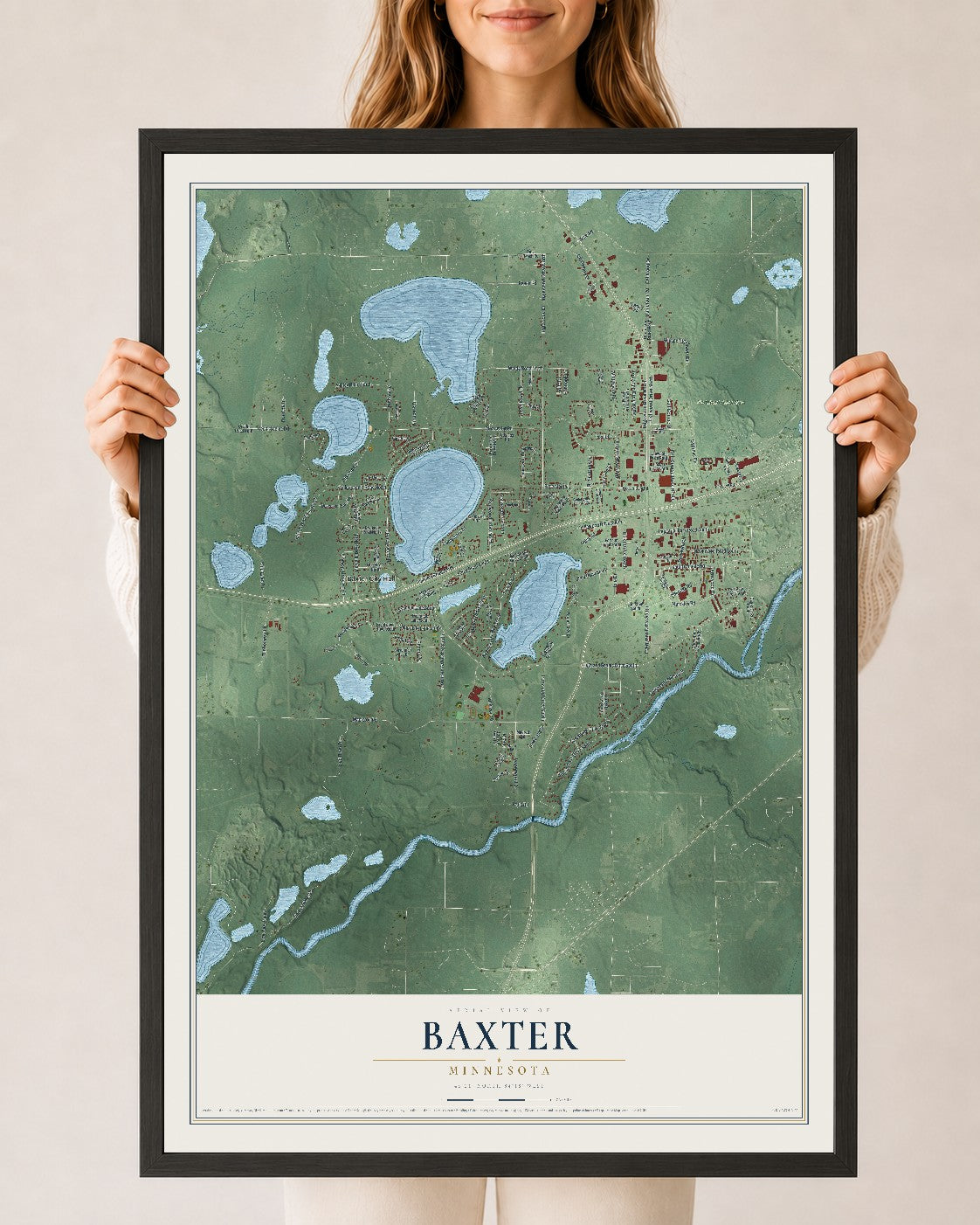 Map of Baxter, Minnesota, 24 x 36 inch print in a black wood frame